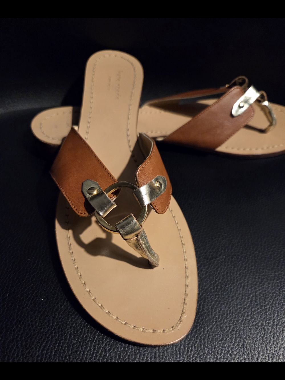 kate spade Brown Leather Toe-Post Sandals with Gold Ring